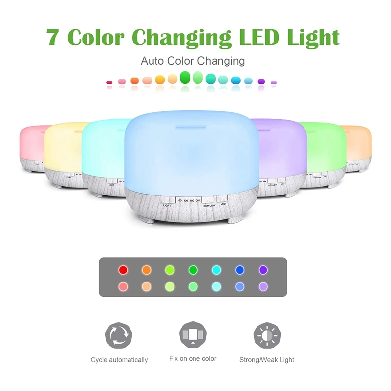 

US Plug 500ML Essential Oil Diffuser, Aromatherapy Diffuser Cool Mist Humidifier with 7 Colors Lights,for Home Office