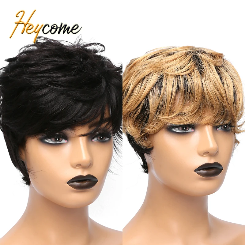 

Heycome Короткий прямой парик Боб окрашенный бразильский парик из человеческих волос с челкой для чернокожих женщин 150 плотность Длина модели