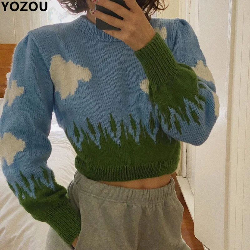 

Женский винтажный свитер в стиле Харадзюку, свободный свитер с круглым вырезом и рукавами-фонариками, с синим небом и белыми облаками, зима-...