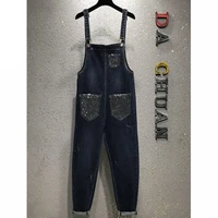 rhinestone jeans womens 2021 spring and autumn denim overalls jumpsuit plus size suspenders harem pants black wide leg jeans
