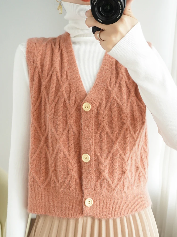 

Women Waistcoat Cashmere Sweater Vest Fashion Solid Knitted Sweaters Vest V Neck Spring Autumn Tops Loose Woman Clothes