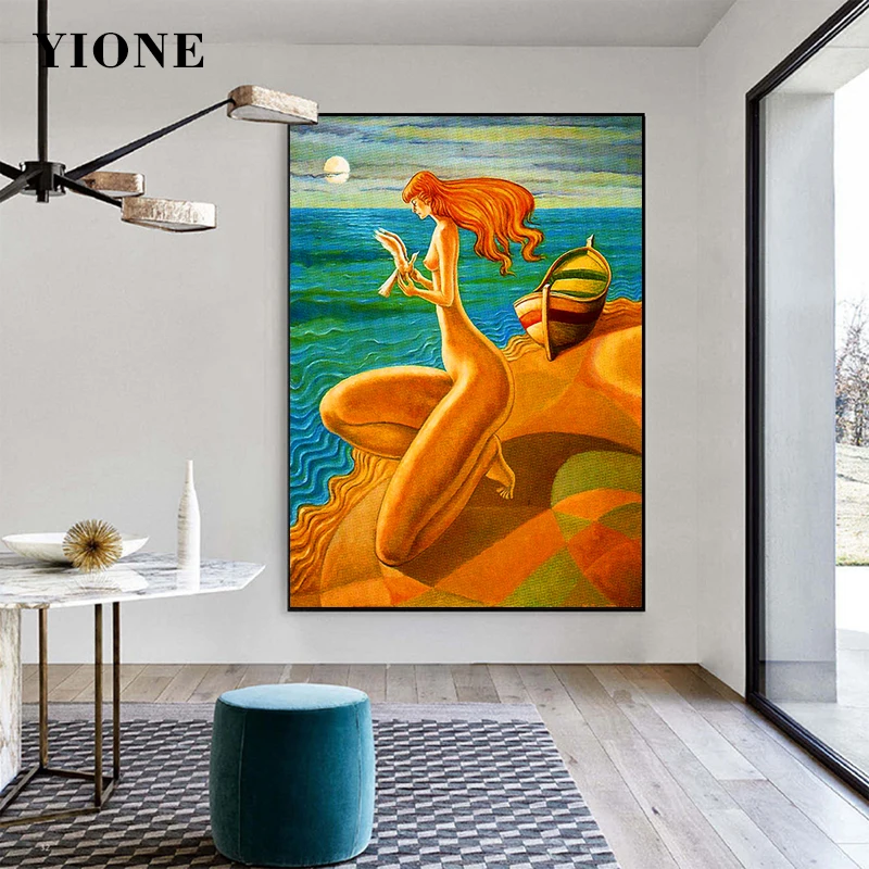 Sunset Beach Woman with Pigeon Oil Painting Custom Orange Blue Abstract Sea Sailboat Wall Art Poster Canvas Print Picture Decor | Дом и сад
