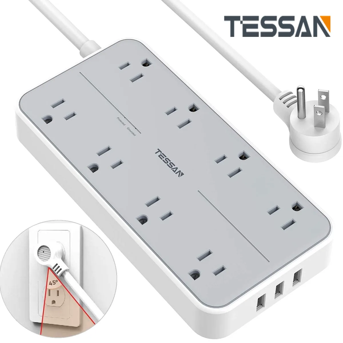 

TESSAN US Flat Plug Power Strip Surge Protector With 8 Widely Spaced Outlets 3 USB Ports 1.8m/6ft Extension Cord for Home Office