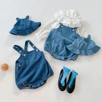 2021 autumn new baby boy denim bodysuit sleeveless overalls solid infant girl jean jumpsuit with blue denim hat toddler outfits