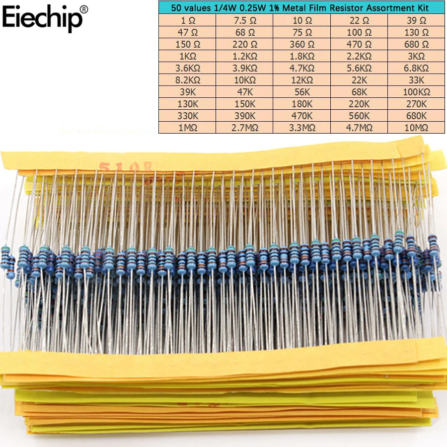 

500pcs/lot 50 values 1/4W Resistors set Metal Film Resistor Assortment Kit 1ohm -10M ohm resistor diy electronic kit