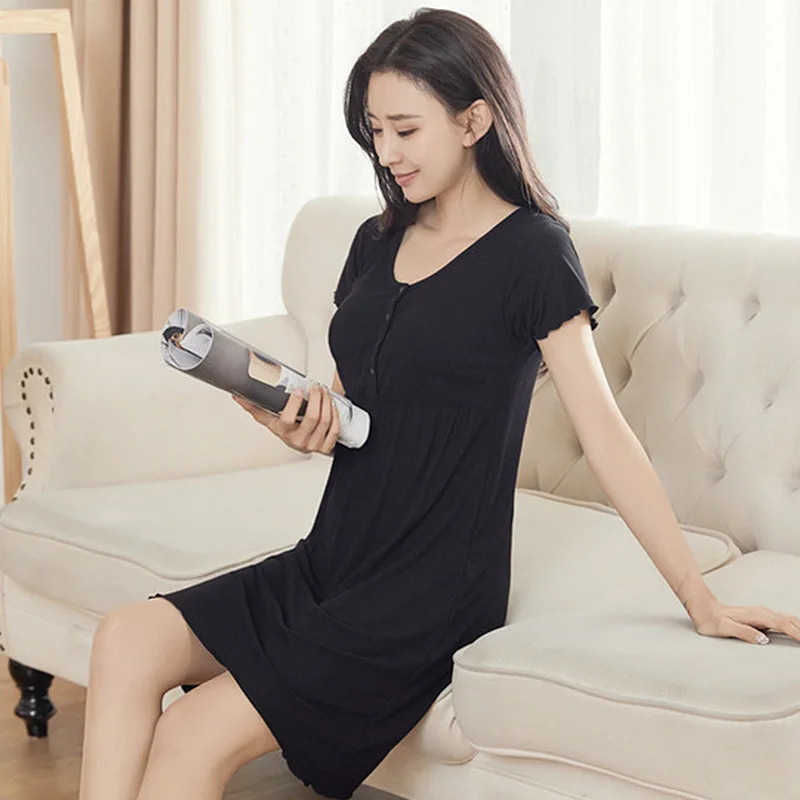 Black Summer Pregnancy Nursing Pajamas Cotton Maternity Nightgown Soft Pregnant Nursing Sleepwear Maternity Nightwear Pregnant Robe - Цвет: Black