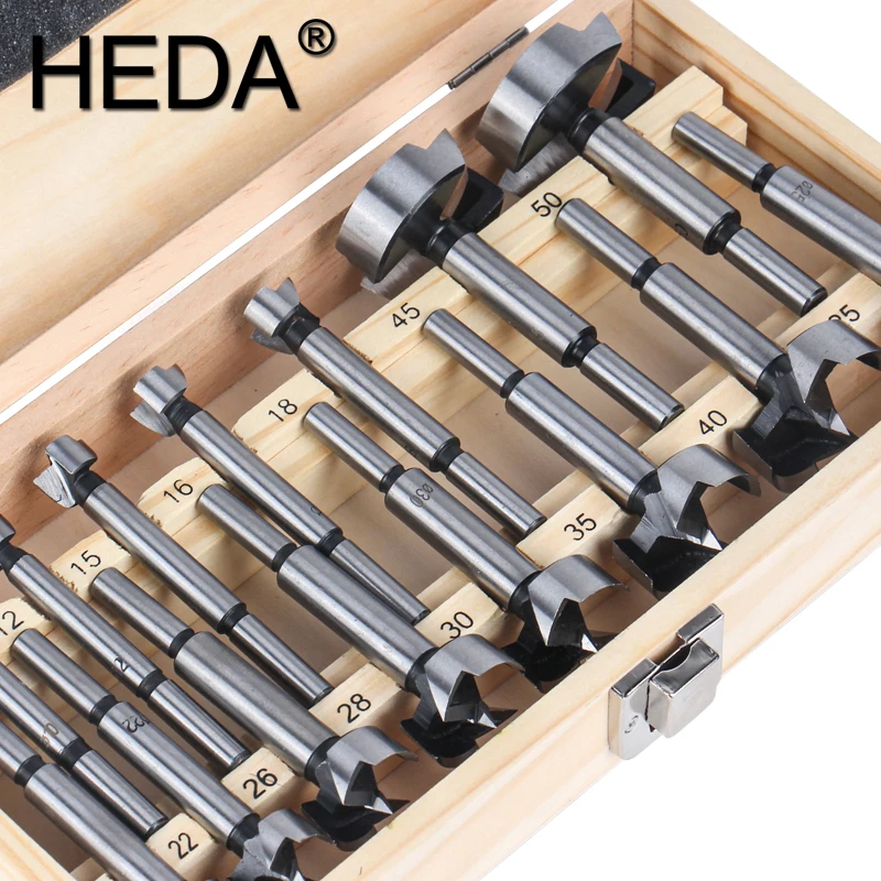 

10-50mm 15Pcs/Set Forstner Carbon Steel Boring Drill Bits Woodworking Self Centering Hole Saw Tungsten Carbide Cutter Tools Set