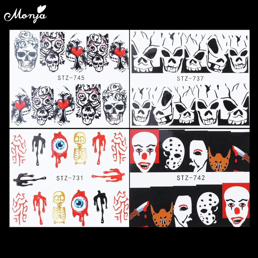 12 Styles Nail Art Skull Bone Joker Pattern Water Transfer Stickers Terror Series Full Cover Watermark DIY Decorations | Красота и
