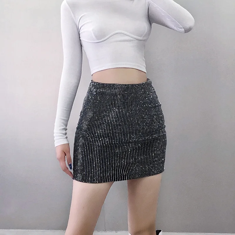 

High waist hot drilling skirt female sexy slim skirt miniskirt Korean summer nightclub party clothing