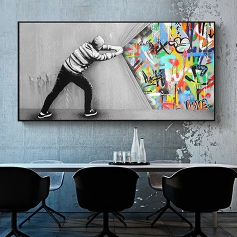 

Street Art Banksy Graffiti Paintings Wall Decor Behind Curtain Canvas Posters and Prints Picture for Living Room Home Decoration