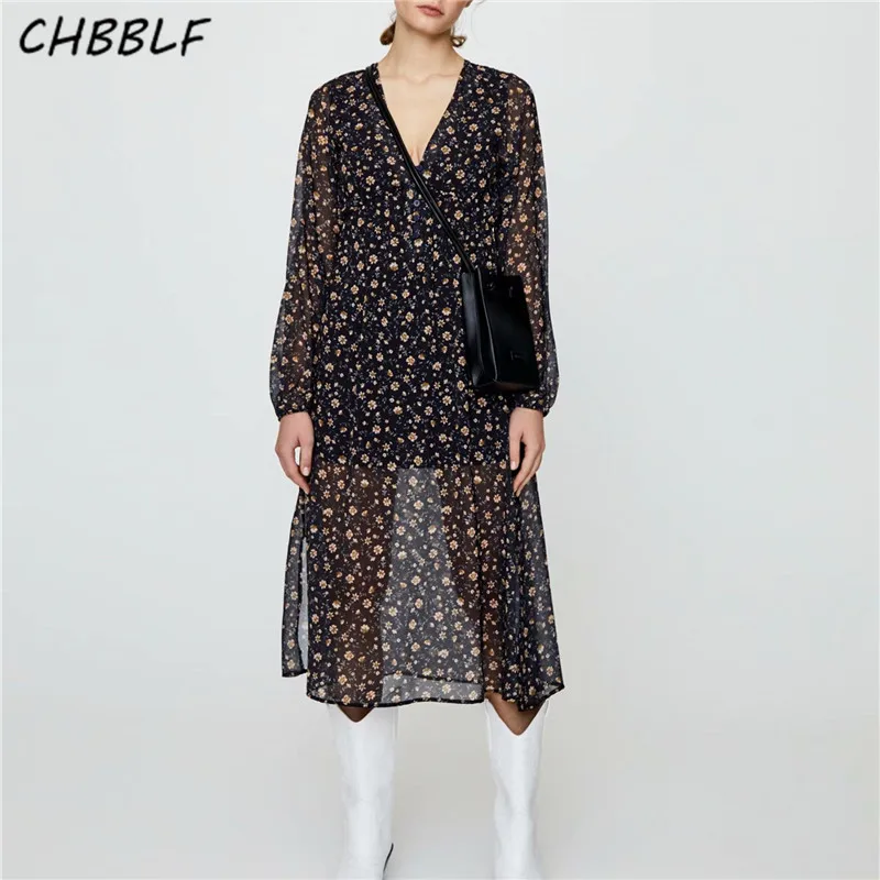 Платье-миди с цветочным принтом V-образным вырезом и длинным рукавом | Женская