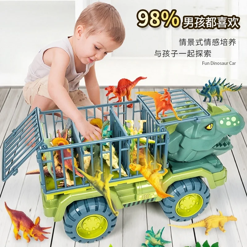 

Tyrannosaurus Triceratops Auto Speelgoed Jurassic Dinosaurussen Wereld Vervoer Carrier Truck Pull Back Voertuig Voor KerstCadeau