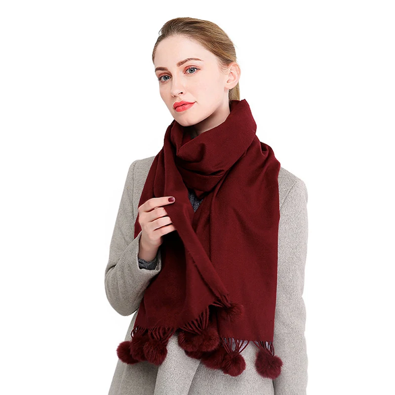 Однотонный кашемировый шарф женский с помпоном зимний Женская шаль большой шарф|