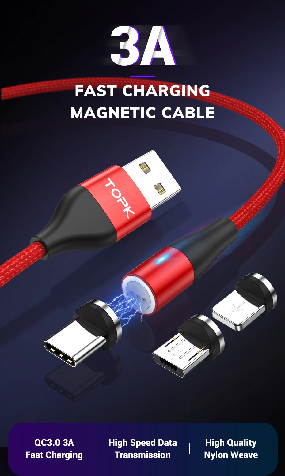TOPK, 1 м, модернизированный, 3 А, магнитный Micro USB кабель для быстрой зарядки телефона, 8 Pin, usb type-C кабель для iPhone, samsung, huawei, Xiaomi
