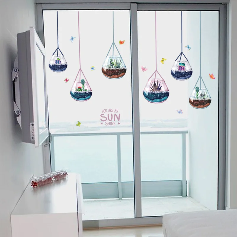 Цветочный горшок с каплями настенный стикер кактус тропические растения