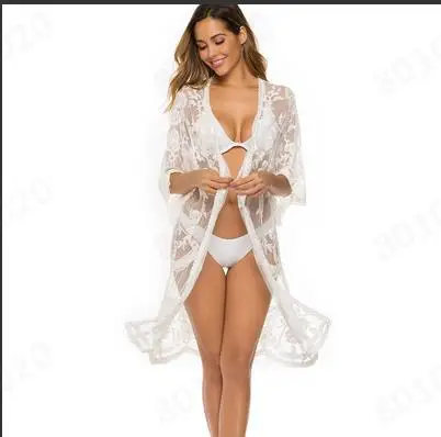 Women Loose Tunic Long Sleeve Beach Dress Lace See Through Swim Cover Up Bikini Pareo Bathing Suit trajes de baño pareos cape | Женская
