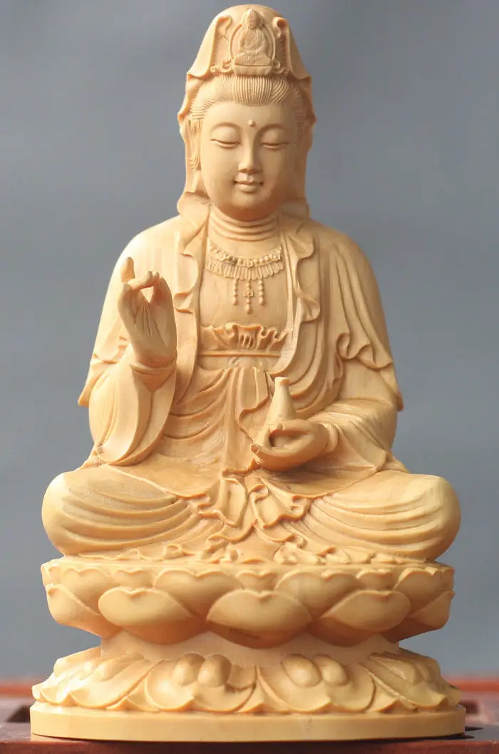 Китай коробка ручная резьба лотос Kwan yin GuanYin статуя Будды Бодхисаттва|Статуи и
