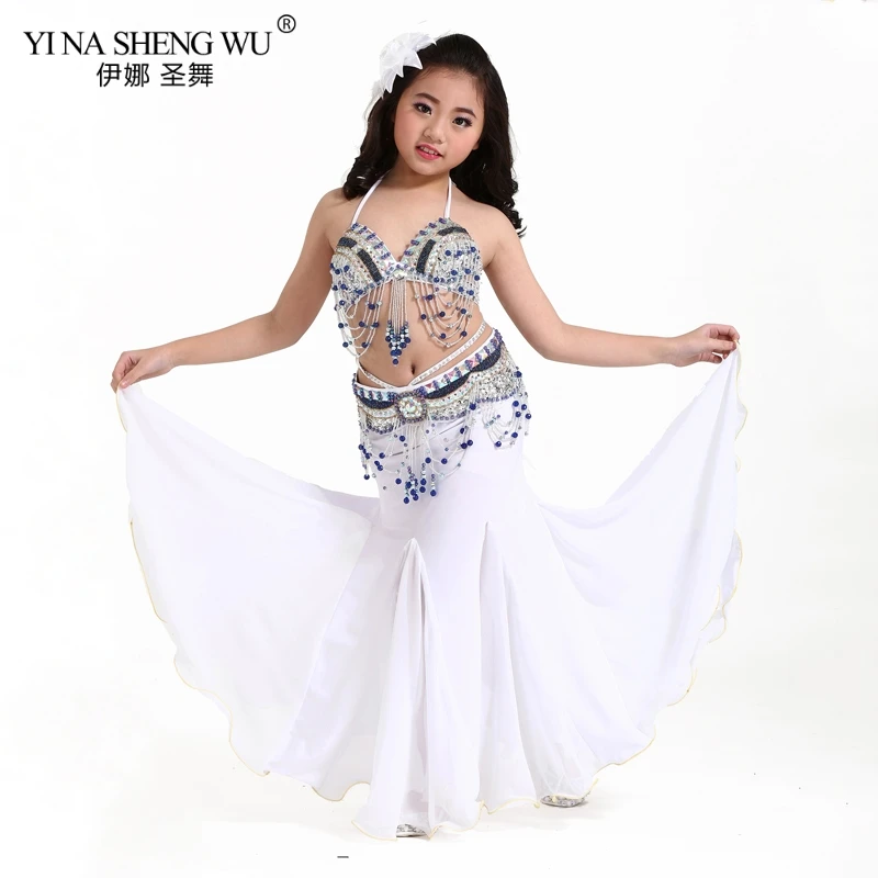 White-Bra-Belt-Skirt Детские танцевальные костюмы, комплект для девочек, Восточный танец живота, расшитый бисером, с кисточками, новая детская одежда для сцены, танцевальная одежда, комплект из 2 предметов/3 шт - Цвет: White-Bra-Belt-Skirt