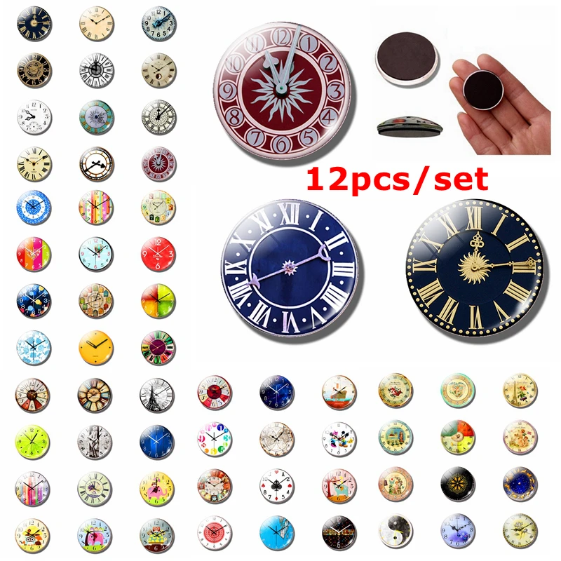 

12pcs/set Constant Time Clock Picture Fridge Magnet Glass Dome Message Board Sticker Cute Refrigerator Magnet Kitchen Home Decor