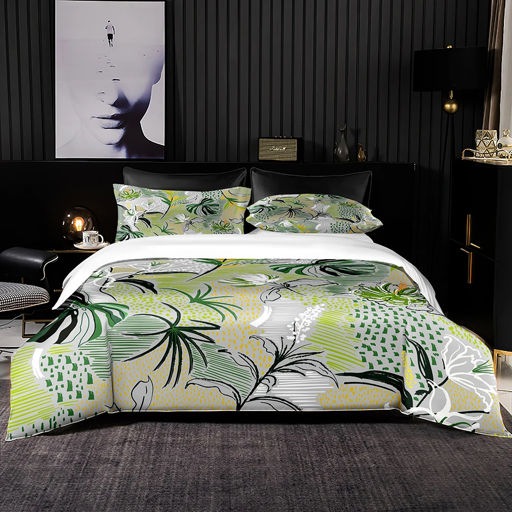 Light Green Bedding Set 2/3Pcs Premium Duvet Cover with Pillowcase Tropical Leaves Print for Queen King Full Size | Дом и сад