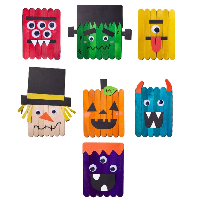 

C5AA 7 Pcs Unfinished Halloween Wooden Craft Kit Creative Halloween Theme DIY Wooden Sticks Art Supplies for Kids