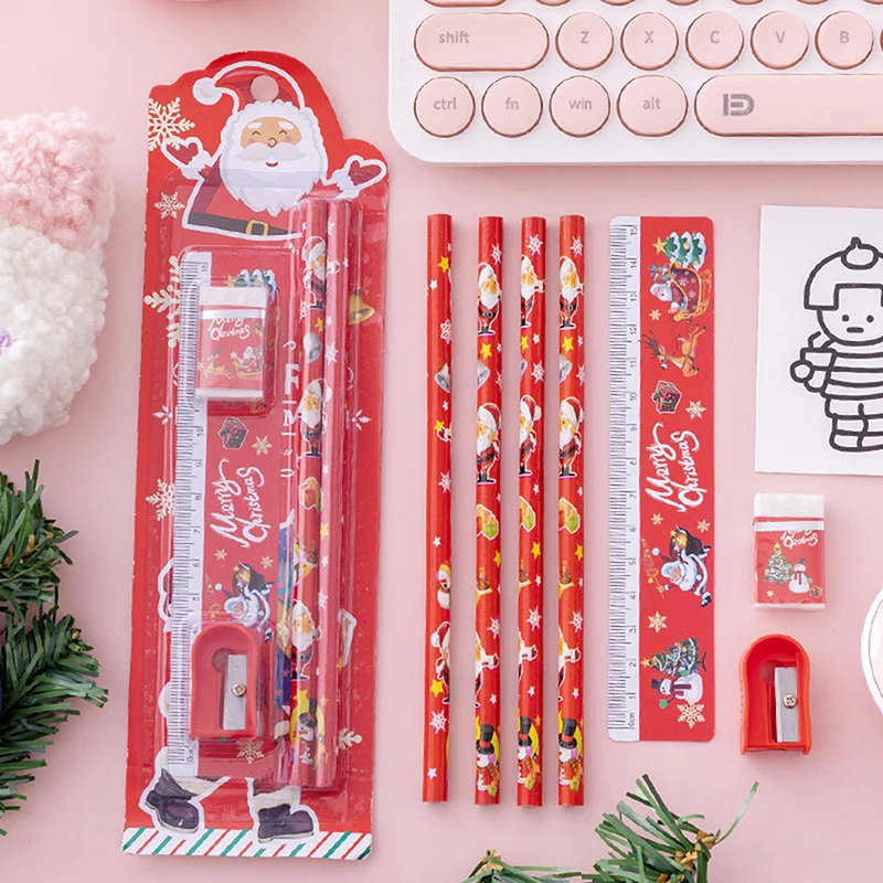 

5Pcs/Set Christmas Set Cartoon Pencil Ruler Eraser Pencil Sharpener New