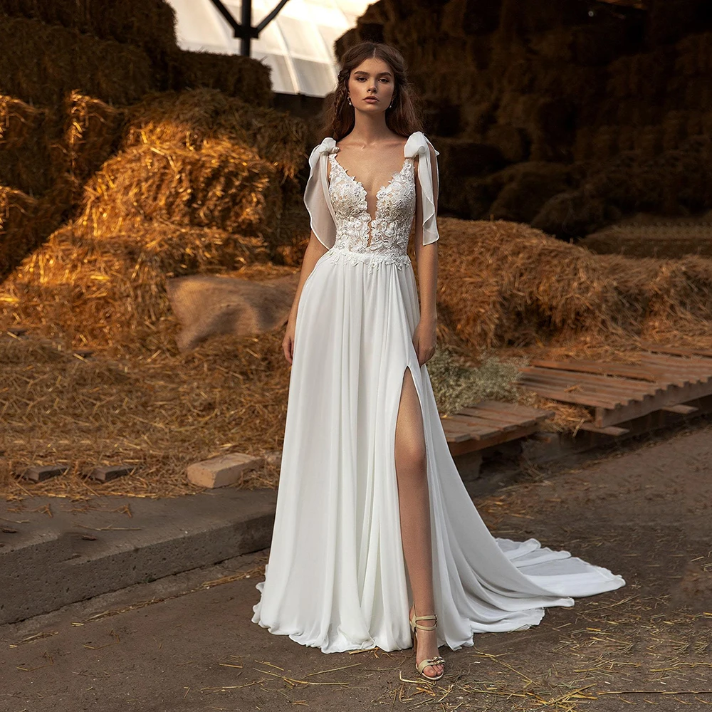 

UZN Ivory Chiffon BOHO Wedding Dress Deep Sexy V-Neck Backless Modern Bridal Gowns High Slit Appliques Lace Brides Dresses