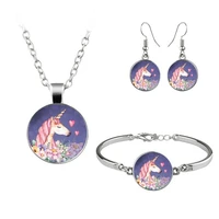 cute unicorn art photo jewelry set cabochon glass pendant necklace earring bracelet totally 4 pcs for girls kids unique gifts