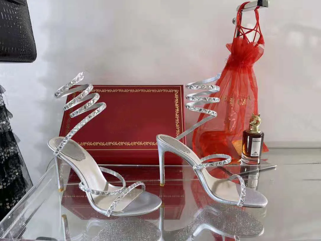 売却 女性用蓄音機サンダル,95mm,9.5cmヒール,光沢のあるガラス,スパイラルストラップ,クリスタル,キラキラ