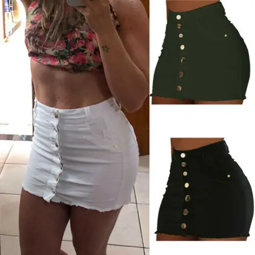 

2021 Brand New Women Stretch High Waist Solid Skirt Summer Button Denim Solid Short Mini Jeans Denim Pencil Skirts S-XL