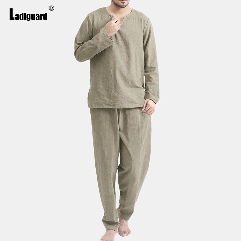 Ladiguard Men Fashion Two Piece Outfit Long Sleeve Top And Loose Pants Sets 2021 Autumn Solid Casual Pocket Design Male 2PCS Set
