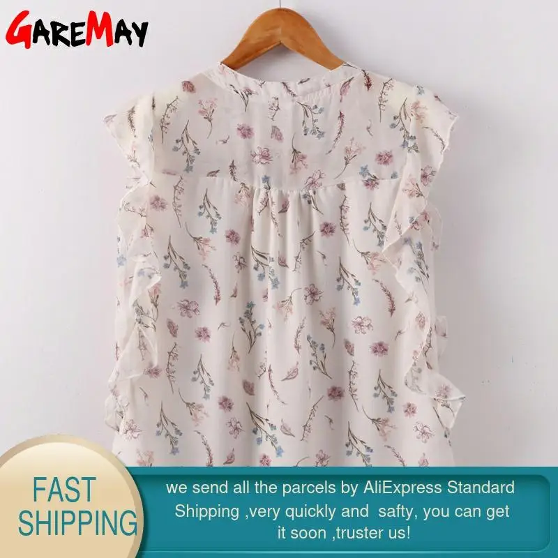 Блузка женская с оборками шифоновая Свободная рубашка без рукавов цветочным