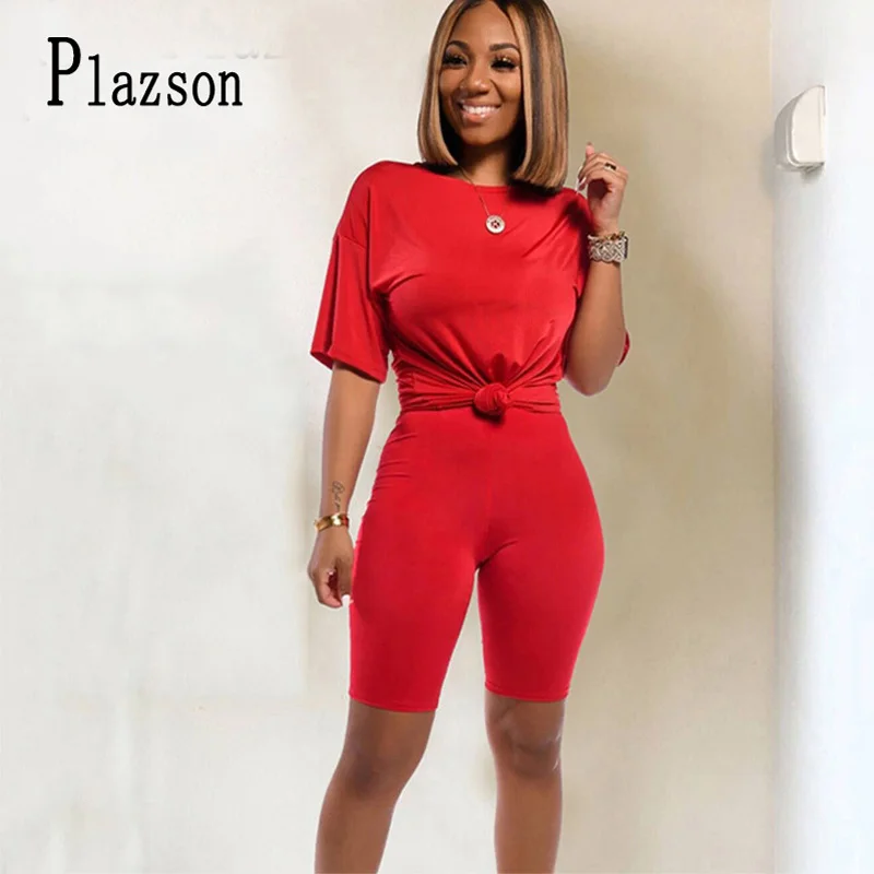 

Plazson Summer 2021 Women Solid Set Outfits 2 Piece Tracksuit Sweatsuits Casual Sport Bodycon Two Piece Biker Sets Streetwear