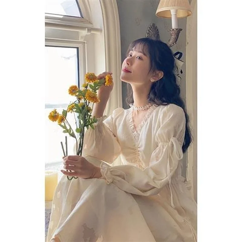 

Summer Chiffon Elegant Dress Women Long Sleeve Dress Vintage French Party Dress Casual Female Korean V-Neck Vestidos