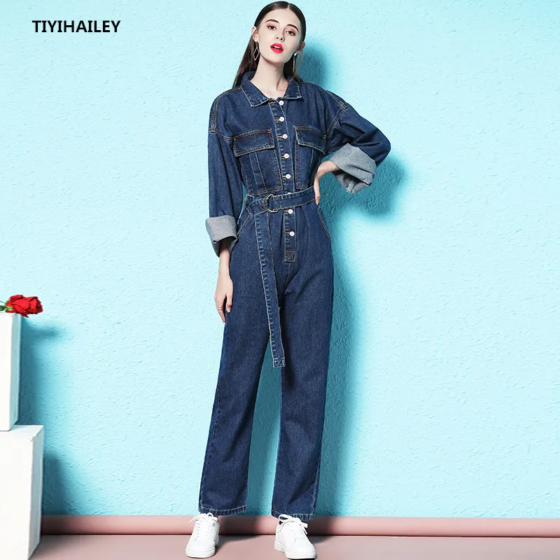 TIYIHAILEY Free Shipping Fashion Safari Style Long Sleeve Women Denim Jumpsuit And Rompers S-XL Autumn Trousers Single Button