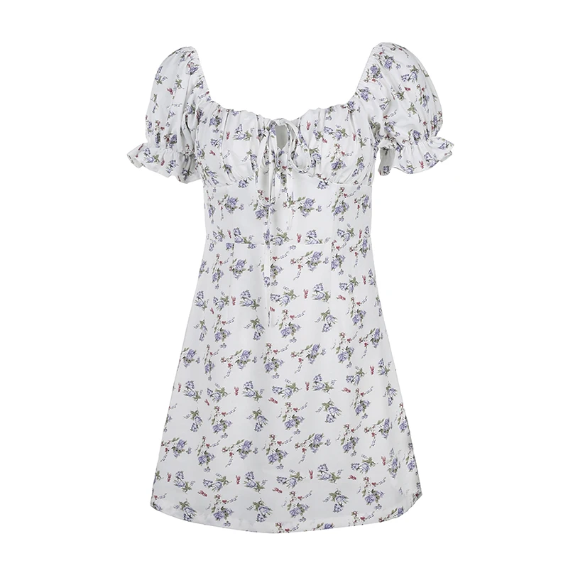 

New White Floral Women Sexy Dress Bandage Ruched Office Puff Sleeve High Street Aline Ladies Dresses Summer Casual Mini Dress
