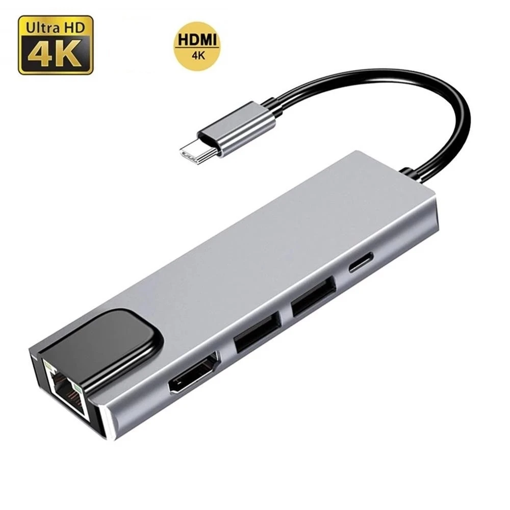 

USB 3.0 Hub Tipo C Para HDMI-compativel RJ45 PD USB 3.0 Multi Adaptador Doca Acessorios Tipo C Divisor 5 Hub Porto Para MacBook