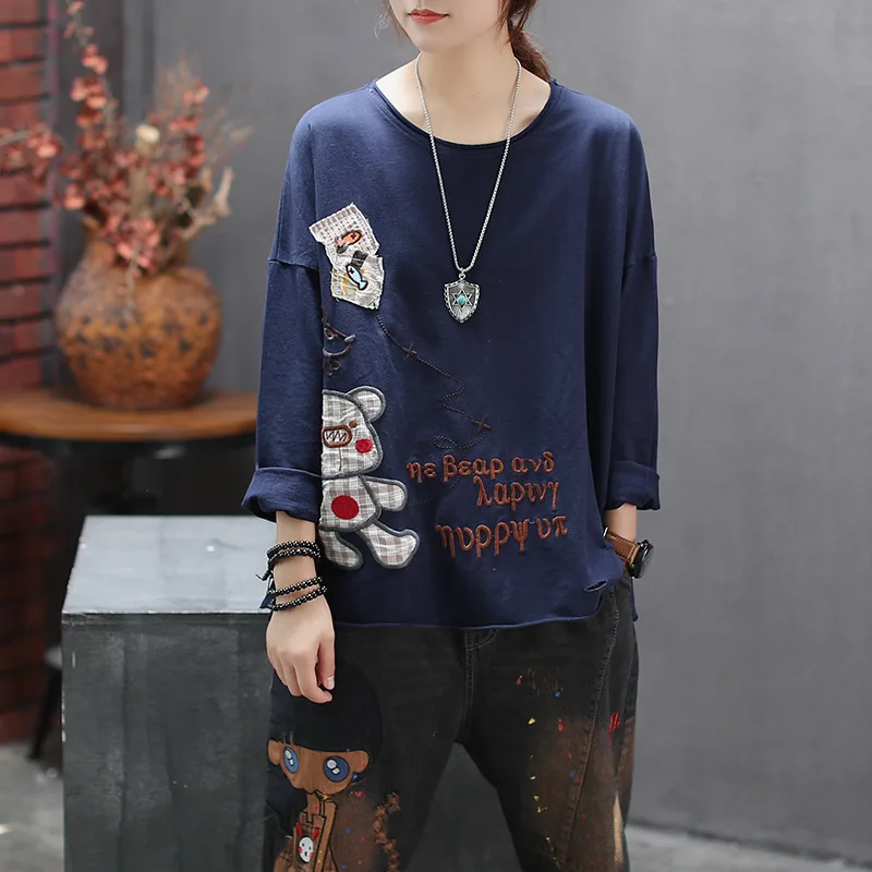 Женская свободная футболка в стиле ретро повседневные пуловеры с круглым