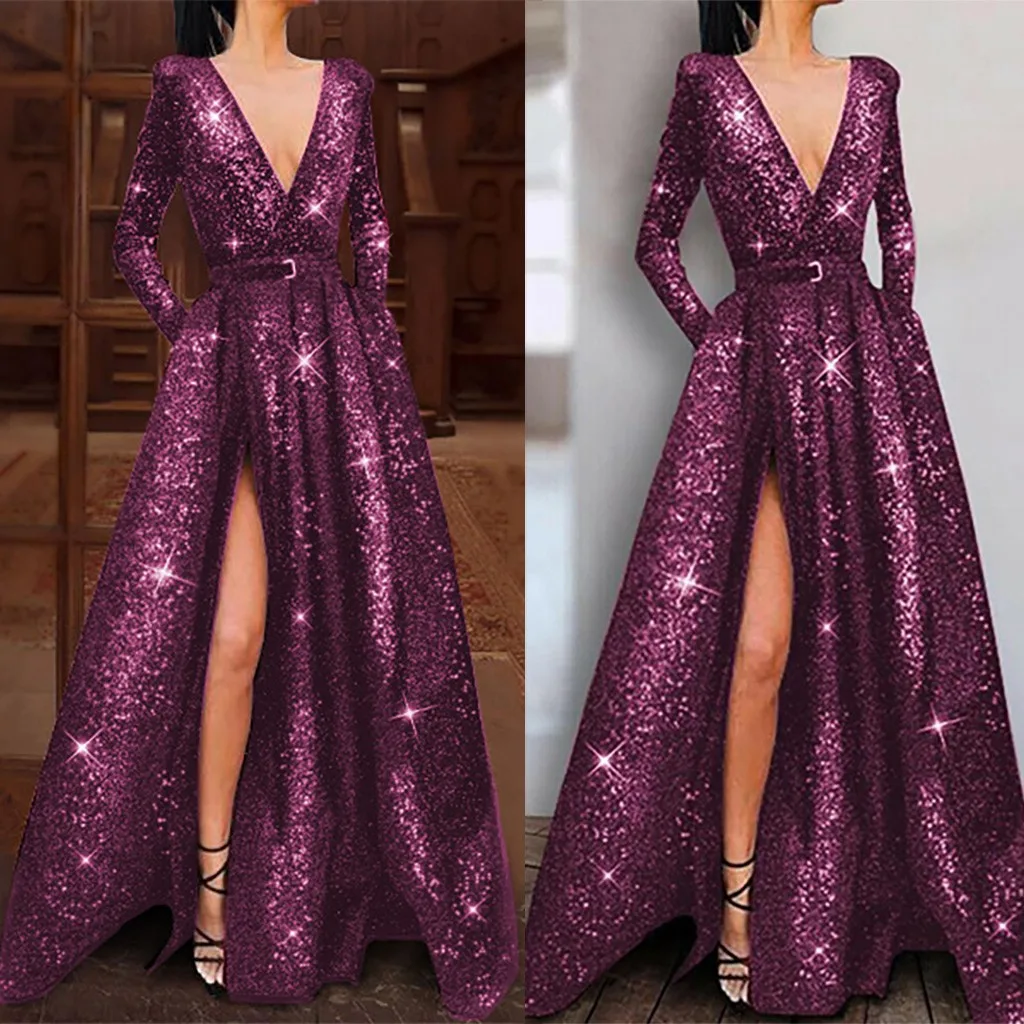 Сексуальное женское платье с блестками глубокий v образный вырез длинный рукав