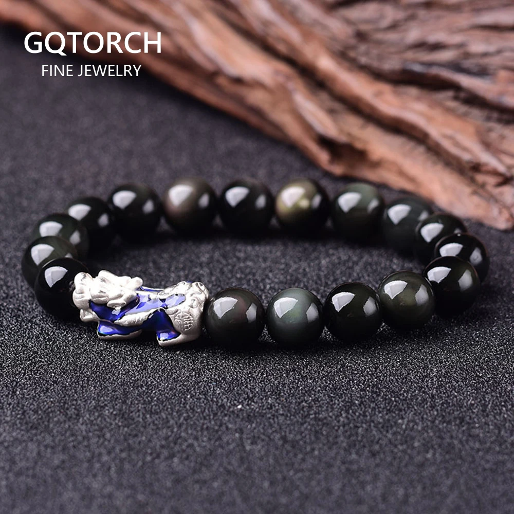 Браслет из натурального обсидиана с бусинами 999 Стерлинговое Серебро храбрые
