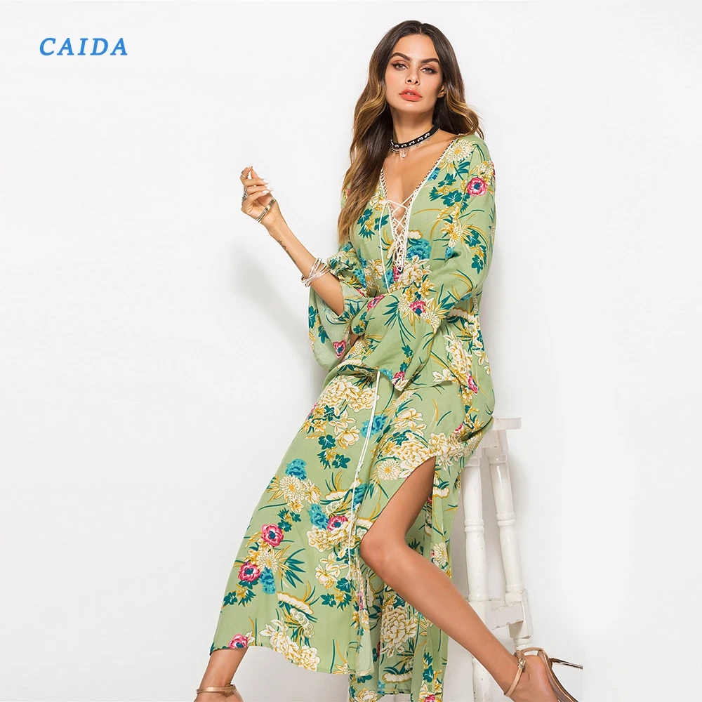 Женское платье с расклешенным рукавом CAIDA длинное на шнуровке v образным вырезом