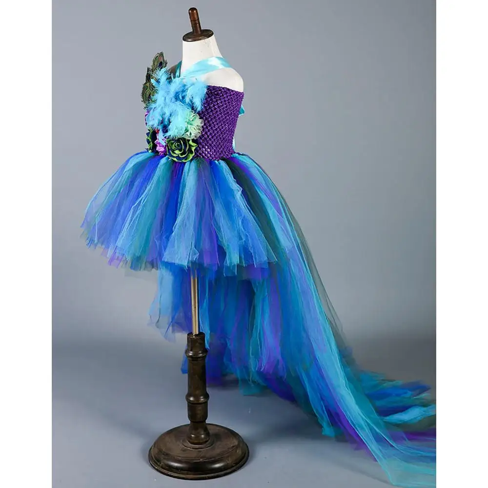 Elegant Princess Peacock Feather Dress for Girls Tutu Dress Long Tail Girls Party Dress Kids Flower Christmas Dress Girl Clothes