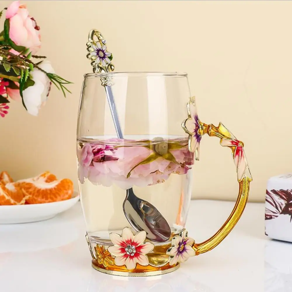 Эмалированная стеклянная кружка цветок прозрачная чашка для чая женская модель