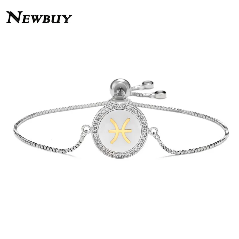 NEWBUY Мода 12 Созвездие шарм браслеты для женщин Девушка Уникальный дизайн оболочки браслет CZ Роскошный Золотой символ знаков зодиака - Окраска металла: Pisces