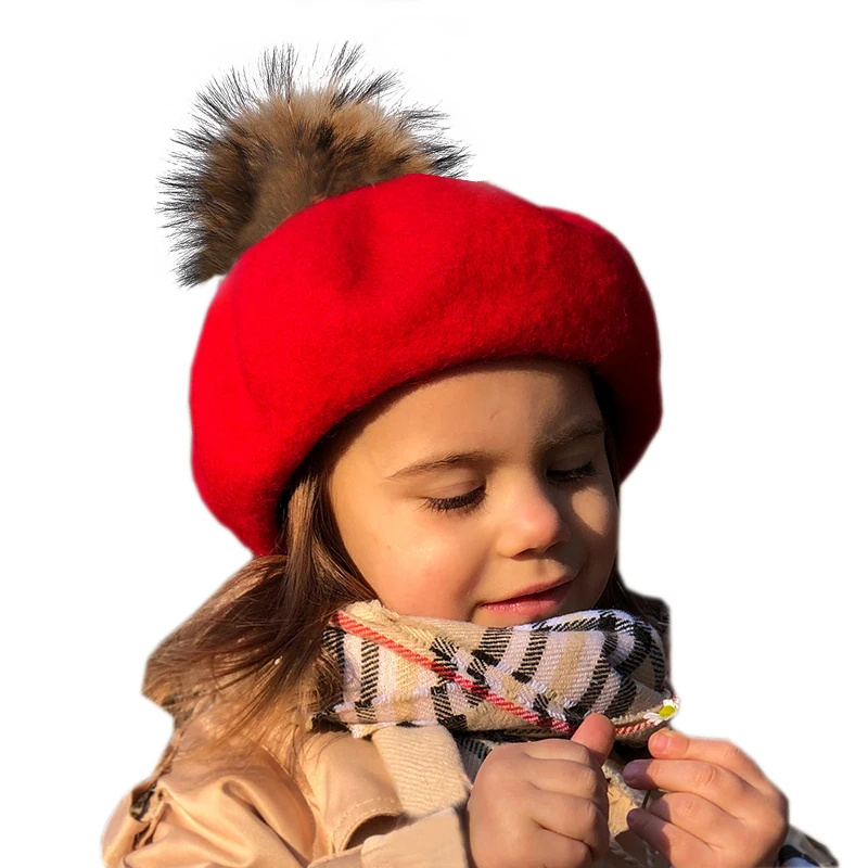2020 NEW Autumn Winter Thick Wool Beret Gilrs 15cm Real Fur Pompom Beret Hat For Kids Women Elegant Vintage Beanie Cap