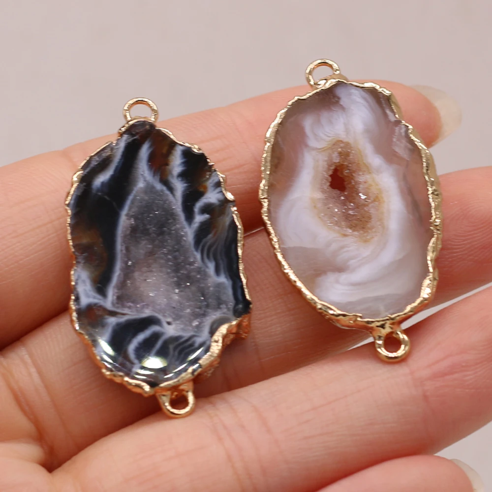 

Natural Semi-precious Stone Pendants Irregular Agate Connector Gilded Edge for DIY Jewelry Making High Quality Gift