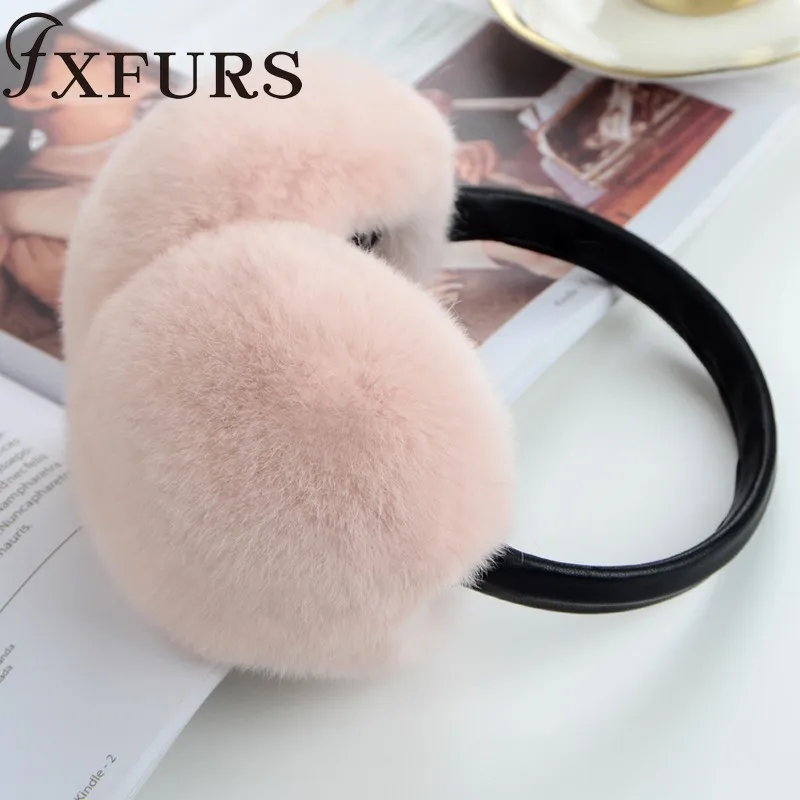 blush FXFURS/ женские модные меховые наушники с кроликом Рекс, с кожаной полкой, зимние теплые меховые наушники для девочек, меховые наушники - Цвет: blush