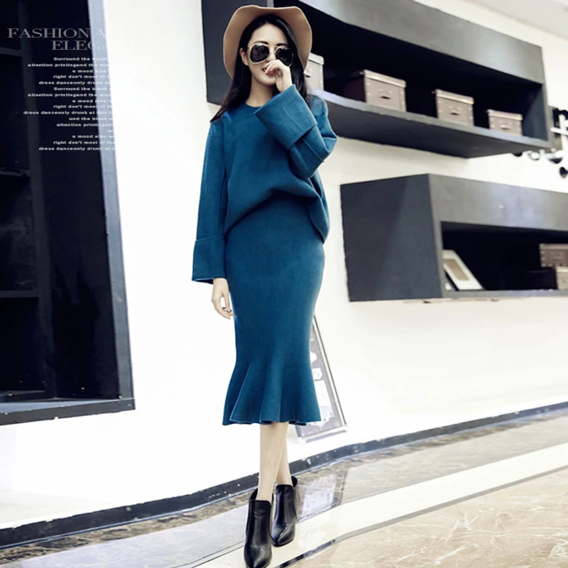 Fashion Lady Sweater Skirt Set 2022 New Winter Solid Color Loose Knit Pullover Sweater Slim High Waist Hip Skirt Women Two-piece