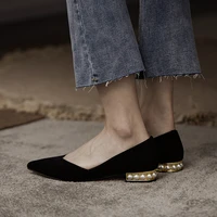 new fashion leather pearls heels shoes women casual office pumps low heel pointed toe v mouth slip on work shoes