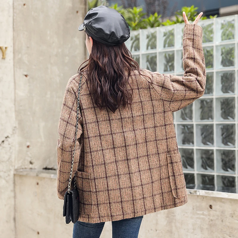 Женский двубортный Блейзер PERHAPS U шерстяной пиджак в клетку зеленого цвета хаки с